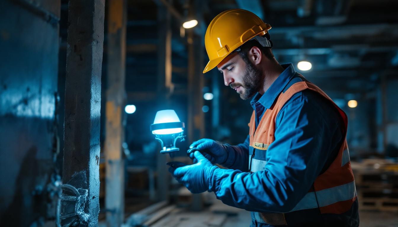 A photograph of a lighting contractor in action