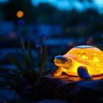 A photograph of a beautifully illuminated outdoor scene featuring a solar light turtle prominently placed in a garden or backyard setting