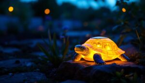 A photograph of a beautifully illuminated outdoor scene featuring a solar light turtle prominently placed in a garden or backyard setting