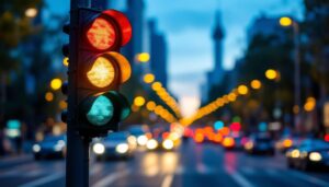 A photograph of a traffic light in action