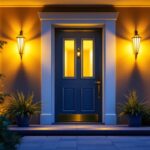 A photograph of a beautifully illuminated outdoor entrance featuring stylish door lamps