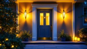 A photograph of a beautifully illuminated outdoor entrance featuring stylish door lamps