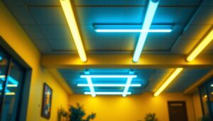 A photograph of a well-lit interior space featuring ceiling tube lights in action