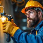 A photograph of a lighting contractor using an electrical wire puller tool on a job site