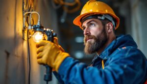 A photograph of a lighting contractor using an electrical wire puller tool on a job site