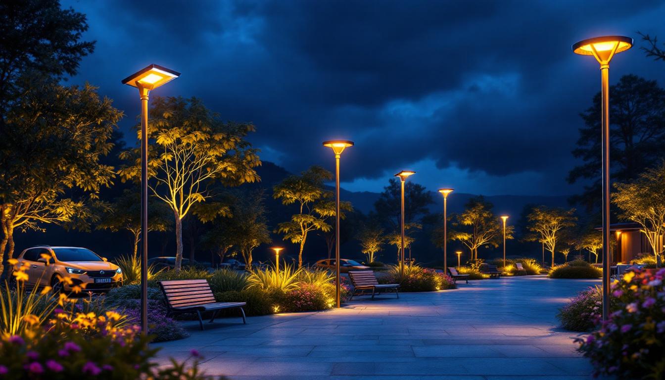 A photograph of a beautifully illuminated outdoor space featuring tall solar lights in various settings