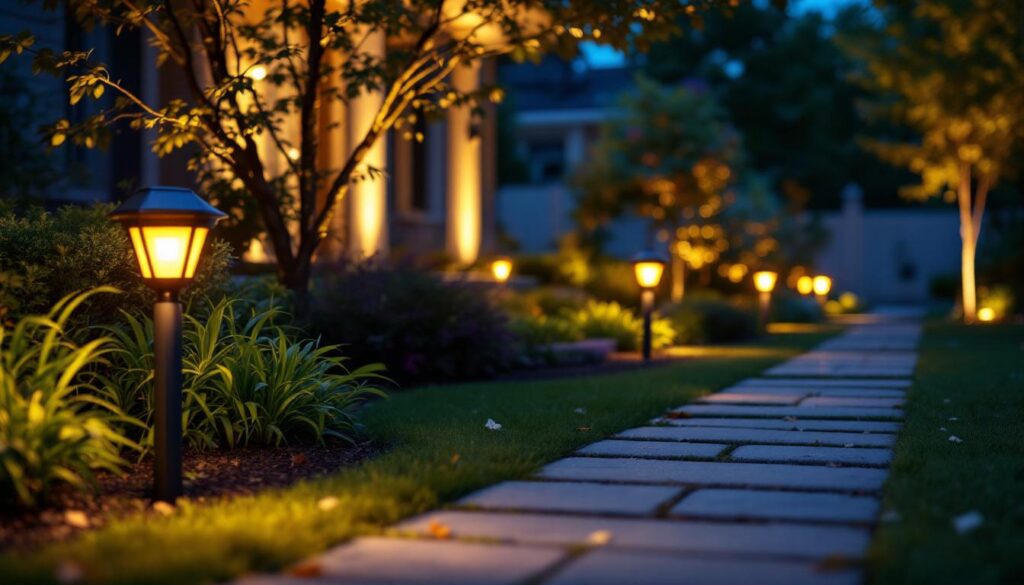 A photograph of a beautifully illuminated outdoor space featuring solar accent lights