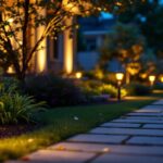 A photograph of a beautifully illuminated outdoor space featuring solar accent lights