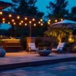 A photograph of a beautifully illuminated patio featuring solar led lights in various designs