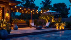 A photograph of a beautifully illuminated patio featuring solar led lights in various designs