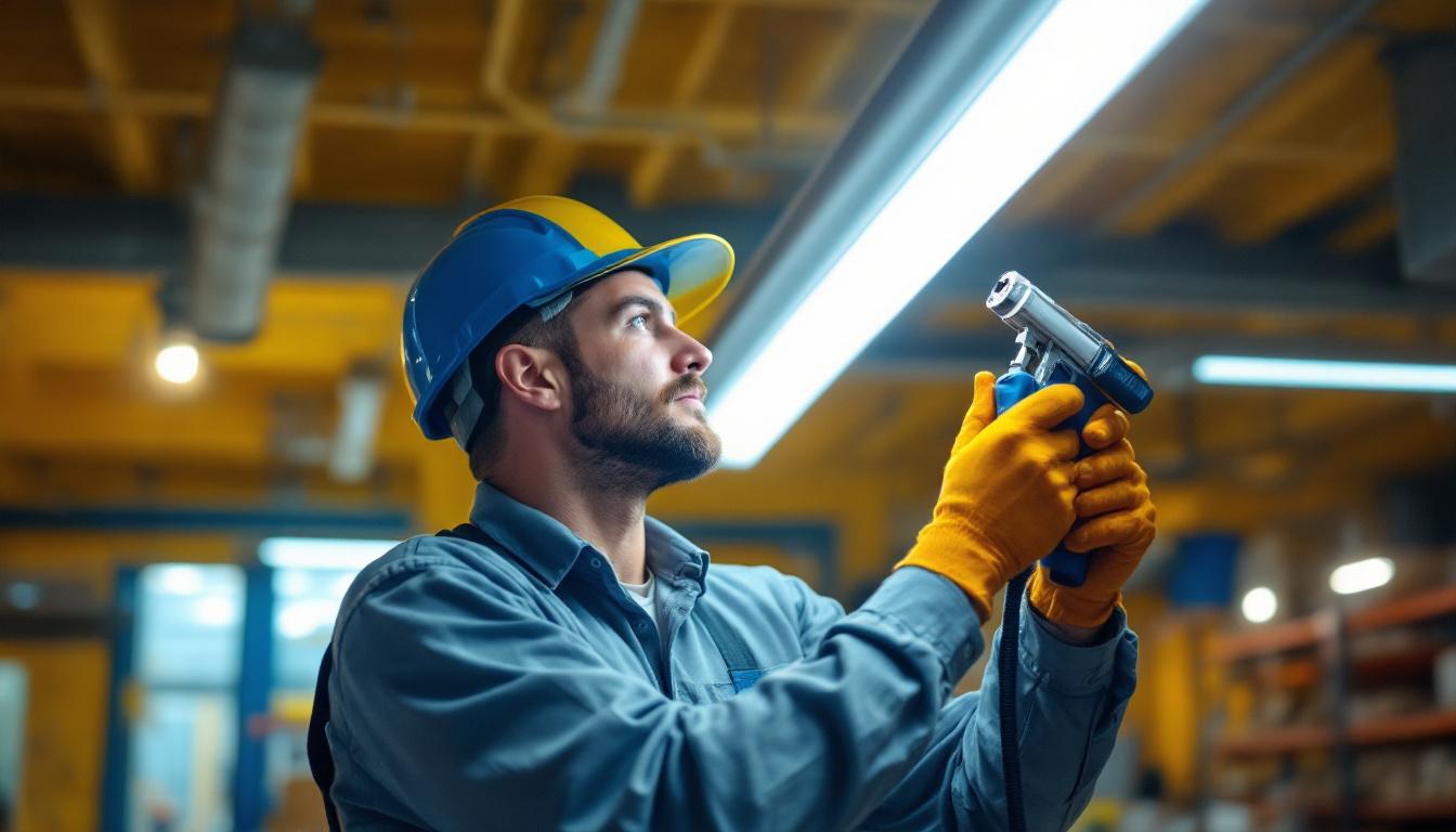 A photograph of a lighting contractor skillfully replacing a fluorescent light tube with an led tube in a commercial setting