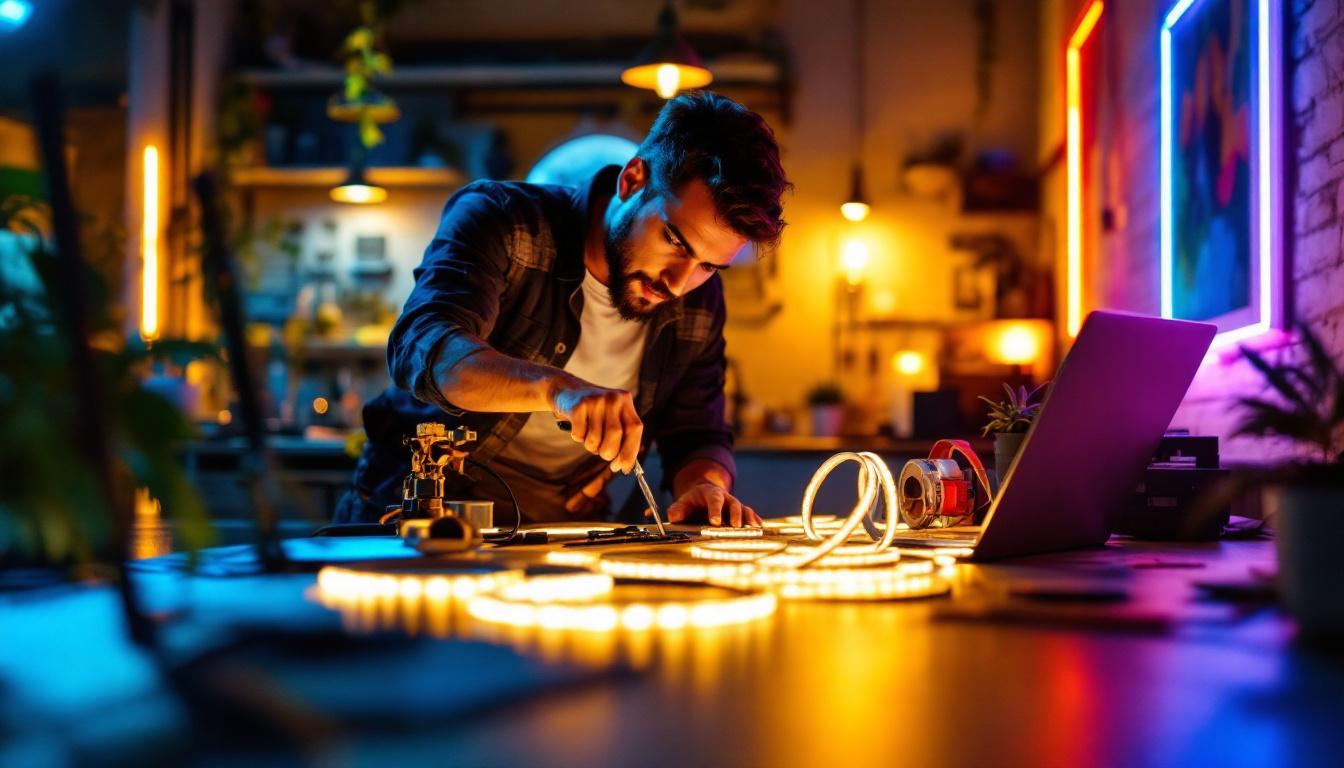 A photograph of a well-lit workspace featuring a variety of high-quality led strip lights in use