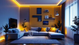 A photograph of a modern living space illuminated by stylish led lights