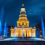 A photograph of a beautifully illuminated monument in baltimore at dusk