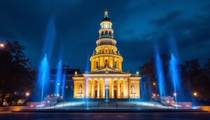 A photograph of a beautifully illuminated monument in baltimore at dusk