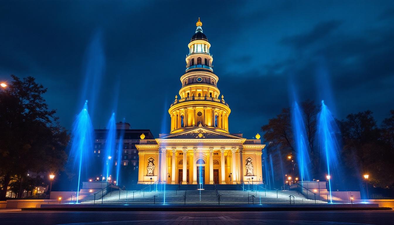 A photograph of a beautifully illuminated monument in baltimore at dusk