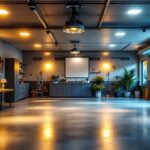 A photograph of a well-lit garage featuring modern recessed lighting installations