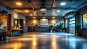 A photograph of a well-lit garage featuring modern recessed lighting installations