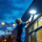 A photograph of a lighting contractor installing high-quality outdoor emergency lights on a commercial building