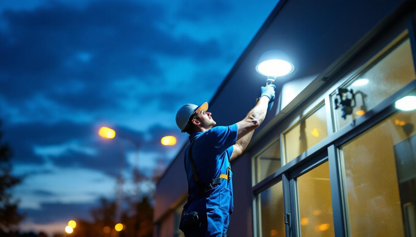 A photograph of a lighting contractor installing high-quality outdoor emergency lights on a commercial building