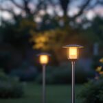 A photograph of a stylish outdoor lamp post with an integrated plug