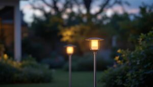 A photograph of a stylish outdoor lamp post with an integrated plug