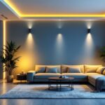 A photograph of a beautifully designed living space featuring recessed can lighting