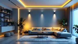 A photograph of a beautifully designed living space featuring recessed can lighting