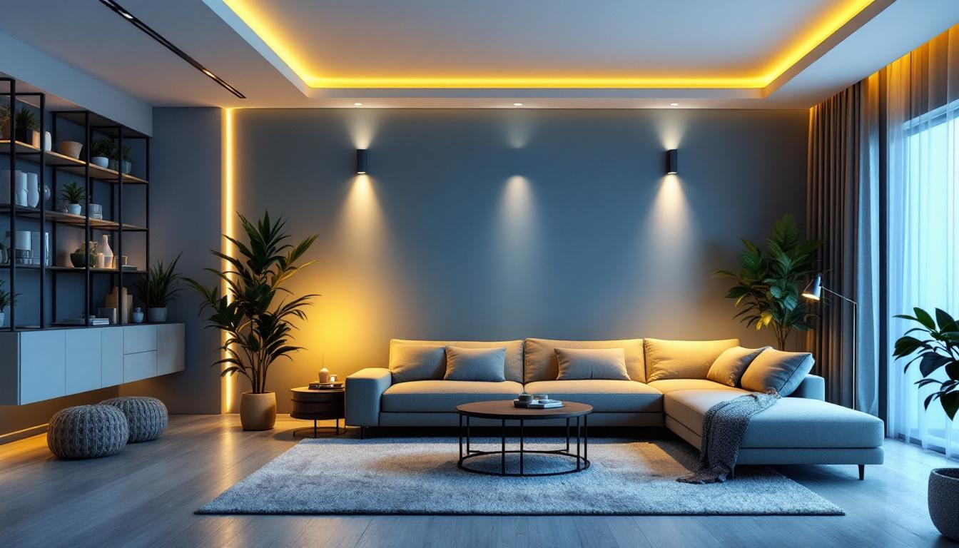 A photograph of a beautifully designed living space featuring recessed can lighting