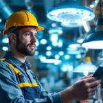 A photograph of a lighting contractor examining a variety of led light fixtures in a well-lit workspace