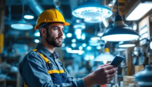 A photograph of a lighting contractor examining a variety of led light fixtures in a well-lit workspace