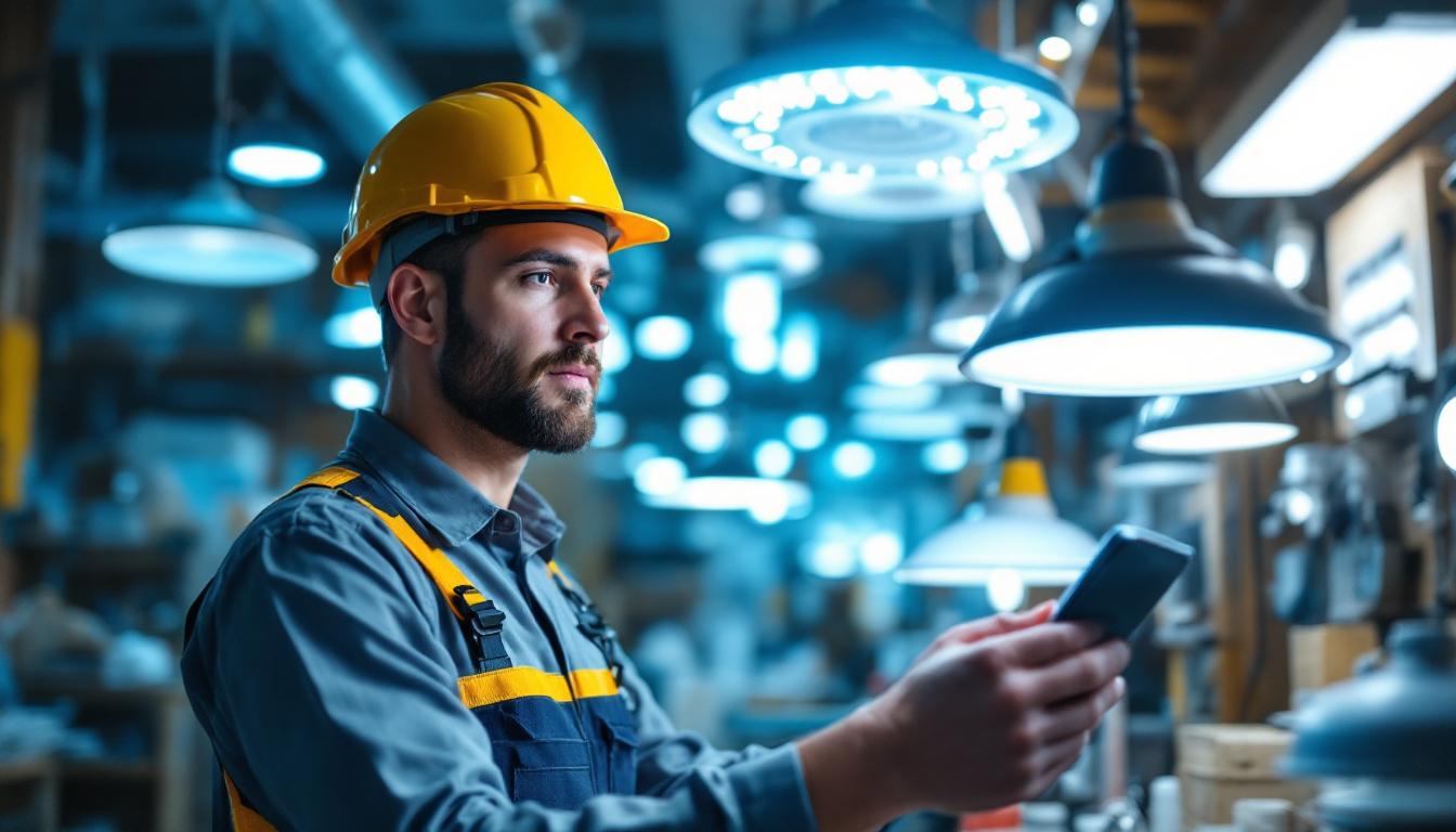 A photograph of a lighting contractor examining a variety of led light fixtures in a well-lit workspace