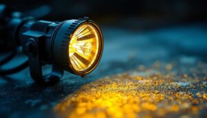 A photograph of a close-up of a halogen spotlight in use