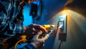 A photograph of a skilled lighting contractor installing a switch receptacle in a residential setting