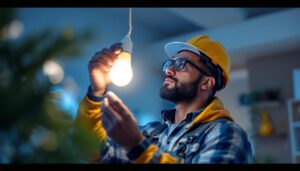 A photograph of a skilled lighting contractor expertly installing or adjusting a standard lightbulb in a well-lit residential setting