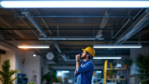A photograph of a well-lit workspace featuring a 4-foot t8 fixture installed in a ceiling
