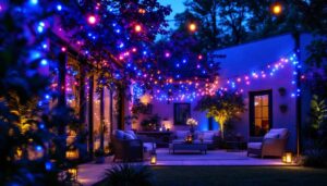 A photograph of a beautifully illuminated outdoor space featuring vibrant color-changing led string lights draped elegantly across a patio or garden