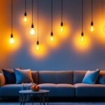 A photograph of a beautifully lit living room showcasing a variety of led light bulbs in stylish fixtures
