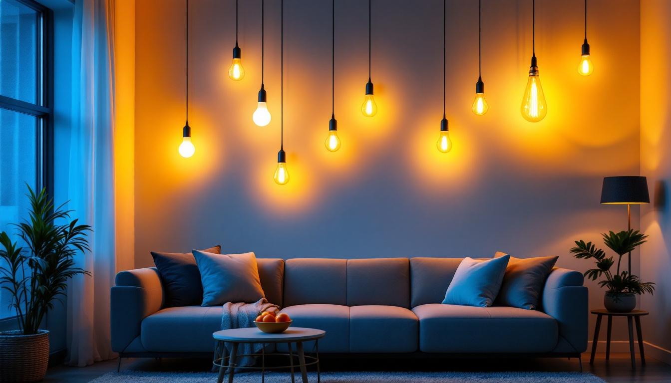 A photograph of a beautifully lit living room showcasing a variety of led light bulbs in stylish fixtures