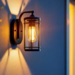 A photograph of a beautifully designed outdoor wall sconce light fixture illuminating a stylish entryway or patio