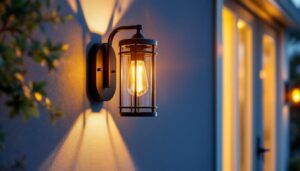 A photograph of a beautifully designed outdoor wall sconce light fixture illuminating a stylish entryway or patio