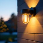 A photograph of a beautifully lit outdoor garage sconce