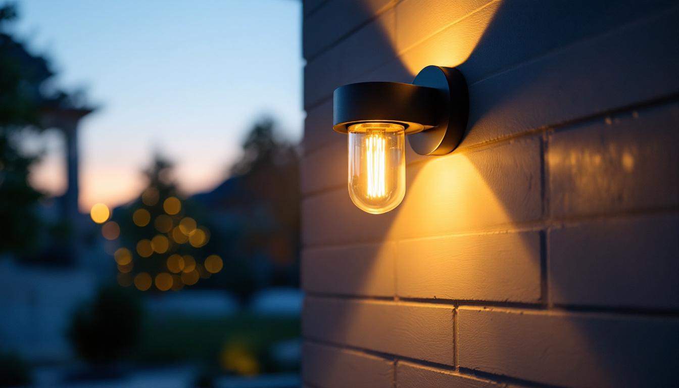 A photograph of a beautifully lit outdoor garage sconce