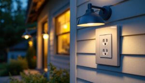 A photograph of a flush mount exterior outlet box installed on a house's exterior wall