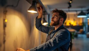 A photograph of a lighting contractor expertly installing or adjusting mr16 lamps in a stylish interior setting