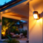 A photograph of a well-designed exterior ceiling light with a motion sensor installed on a stylish porch or entryway