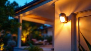 A photograph of a well-designed exterior ceiling light with a motion sensor installed on a stylish porch or entryway