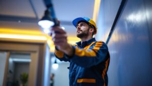 A photograph of a skilled lighting contractor expertly installing maxlite led lights in a modern setting
