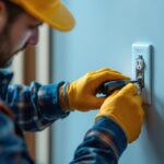 A photograph of a skilled lighting contractor installing or inspecting a 110 electrical outlet in a residential setting
