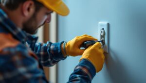 A photograph of a skilled lighting contractor installing or inspecting a 110 electrical outlet in a residential setting